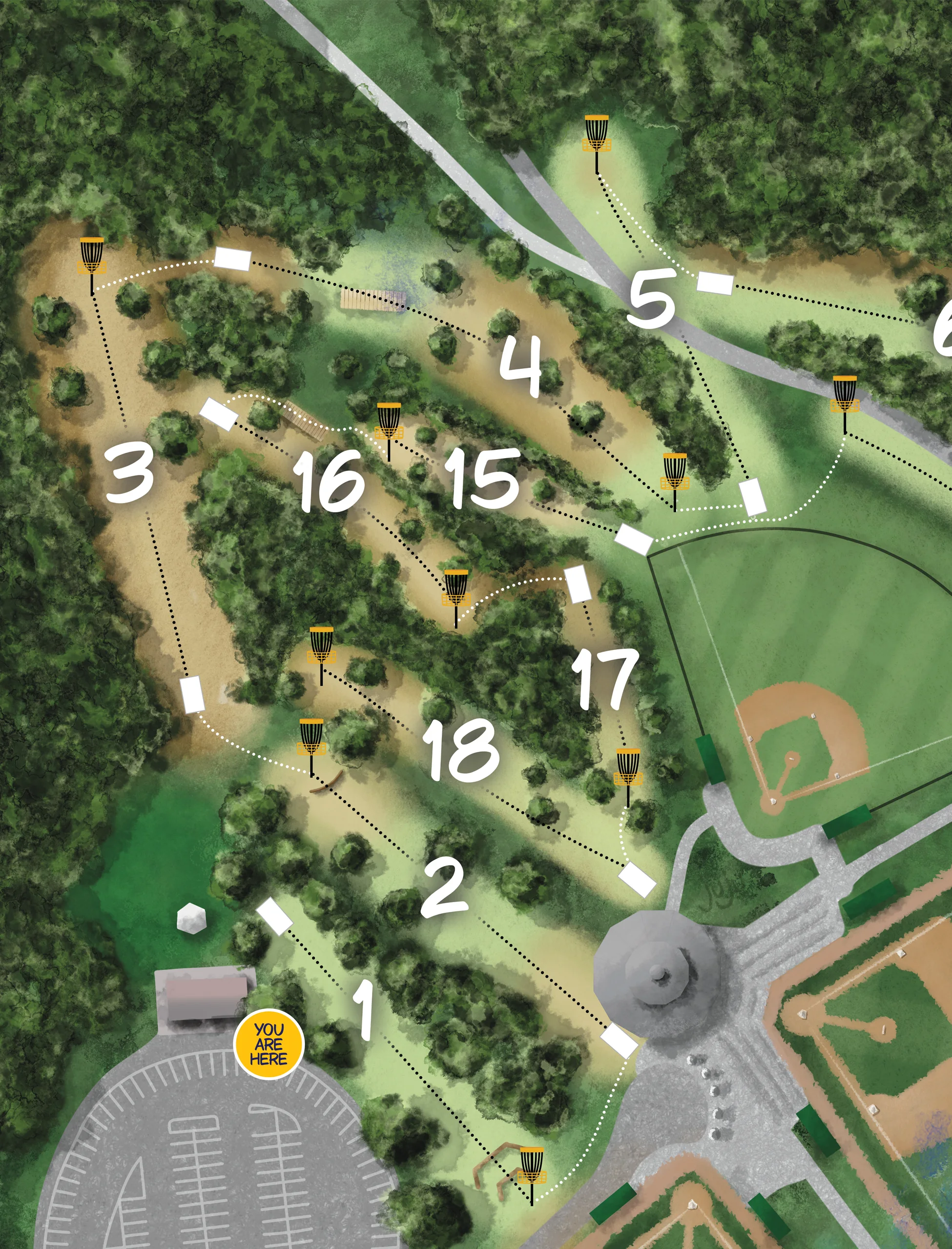 Illustrated Foothills disc golf course map with holes and walking routes