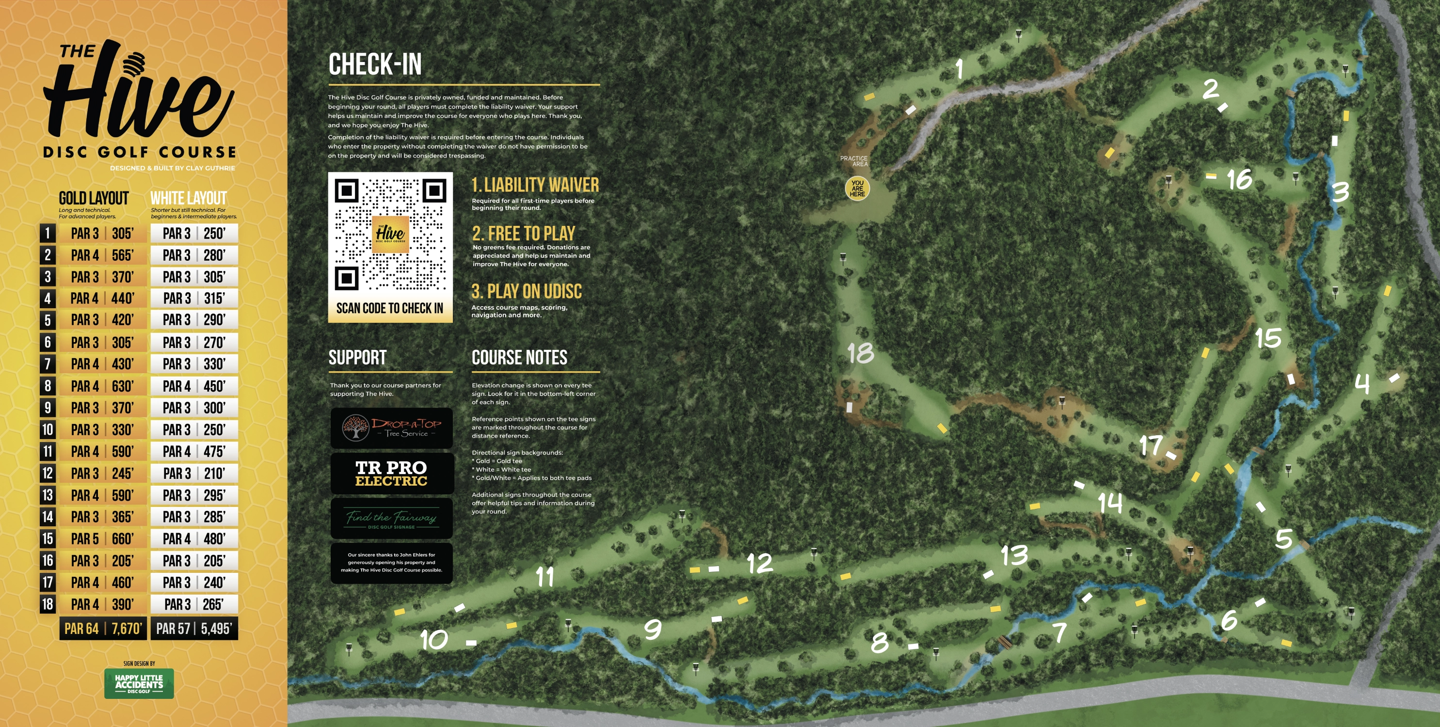 The Hive course map showing Gold and White layouts, check-in information, course notes, sponsors, and all 18 holes