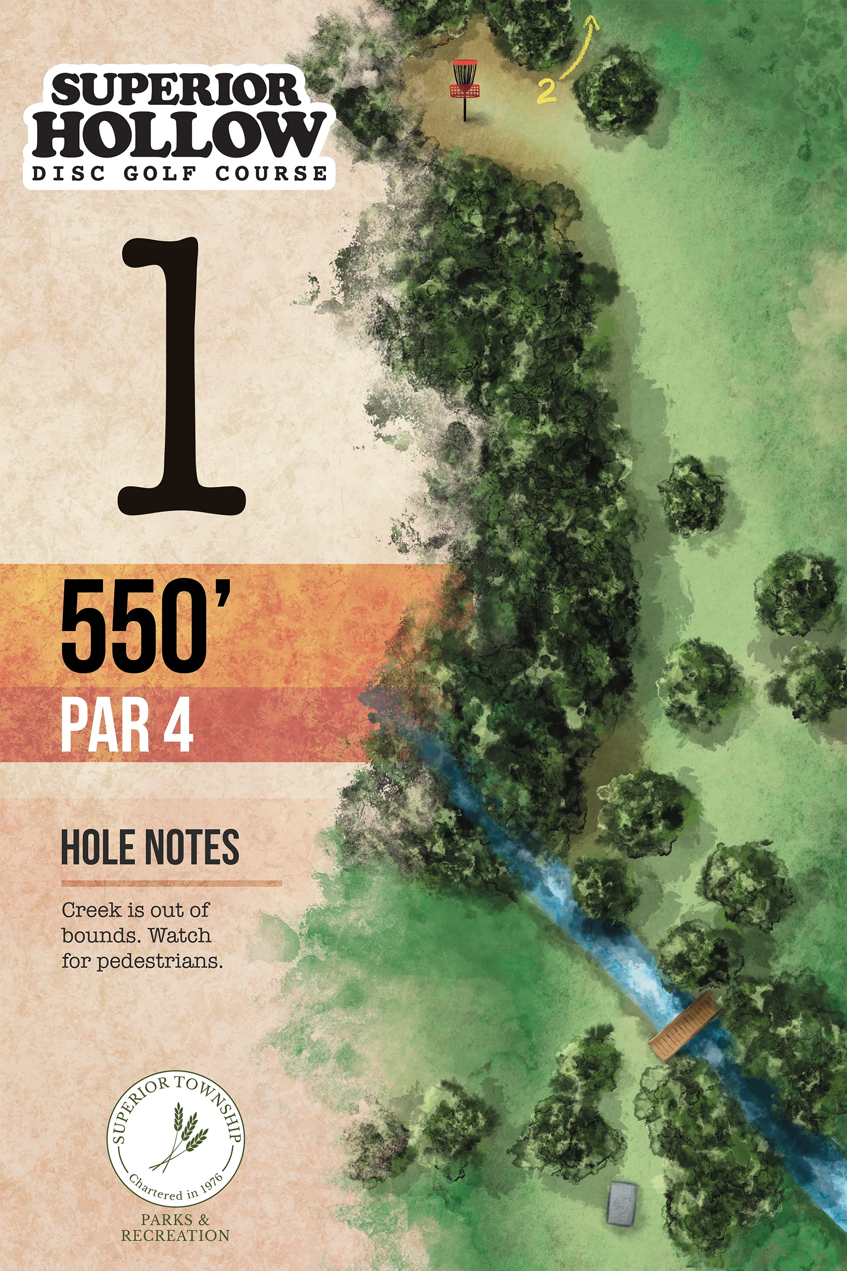 Illustrated Hole 1 tee sign for Superior Hollow Disc Golf Course
